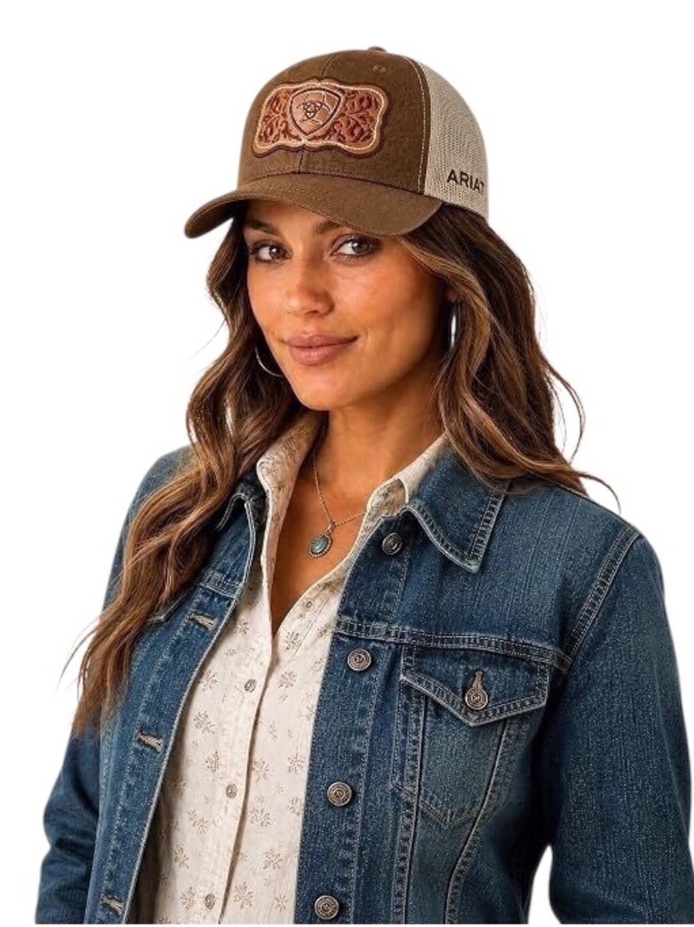 NWOT Ariat Brown Mesh Trucker Hat Leather Patch Snapback Cap Unisex - Picture 2 of 6